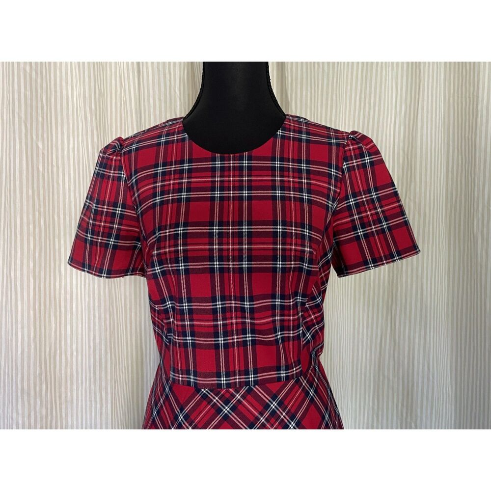 Draper James Women Plaid Fit Flare Dress Size 6 Red Navy Short Sleeve Tie Waist - Picture 6 of 8